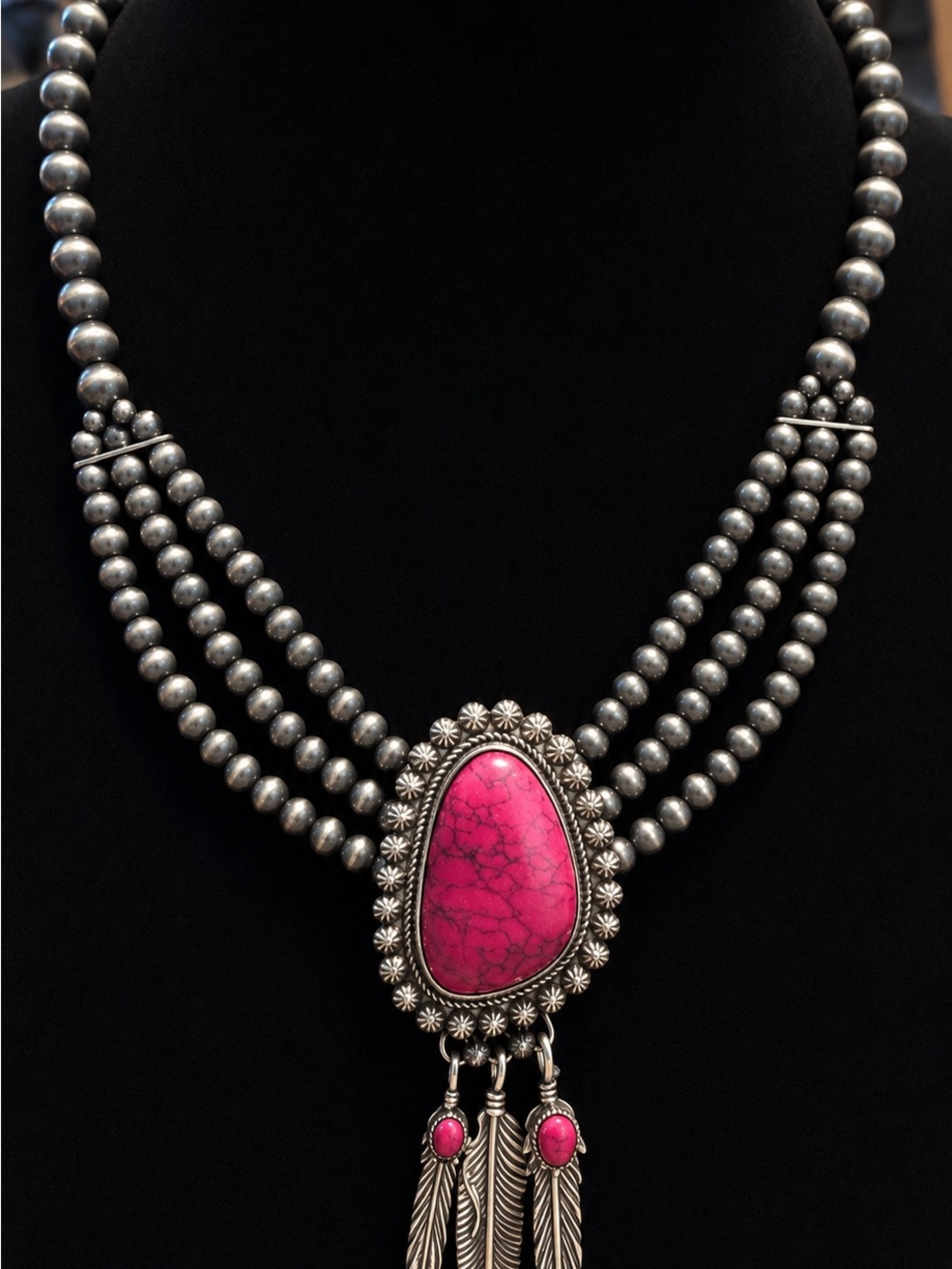 Handcrafted Silver Bead Necklace with Pink Stone Pendant